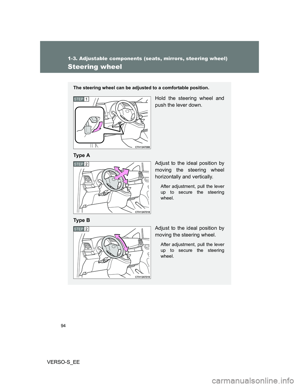 TOYOTA VERSO S 2014  Owners Manual 94
1-3. Adjustable components (seats, mirrors, steering wheel)
VERSO-S_EE
Steering wheel
The steering wheel can be adjusted to a comfortable position.
Hold the steering wheel and
push the lever down.

