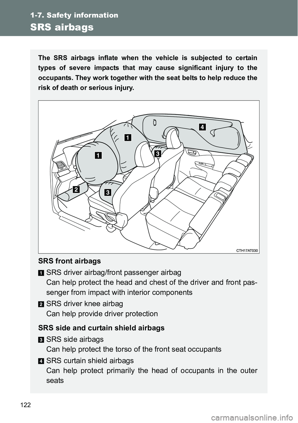 TOYOTA VERSO S 2015  Owners Manual 122
1-7. Safety information
SRS airbags
The SRS airbags inflate when the vehicle is subjected to certain
types of severe impacts that may cause significant injury to the
occupants. They work together 