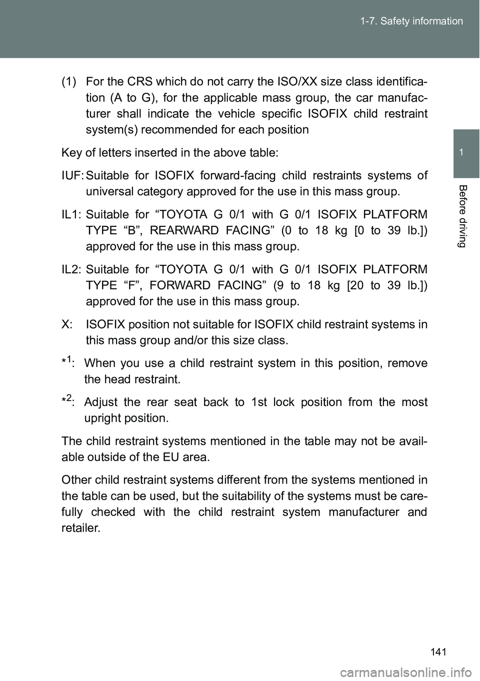 TOYOTA VERSO S 2015  Owners Manual 141 1-7. Safety information
1
Before driving
(1) For the CRS which do not carry the ISO/XX size class identifica-
tion (A to G), for the applicable mass group, the car manufac-
turer shall indicate th
