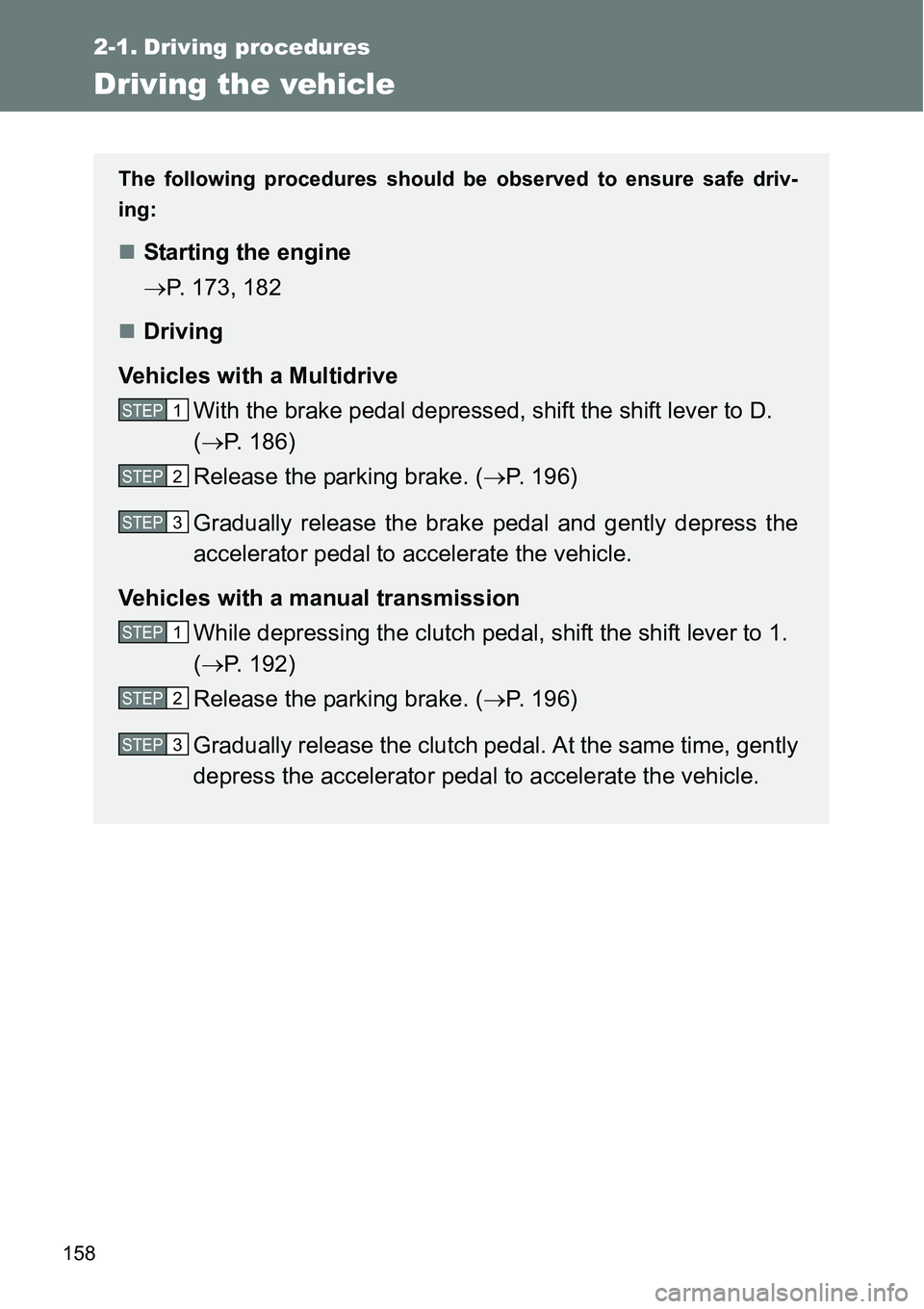 TOYOTA VERSO S 2015  Owners Manual 158
2-1. Driving procedures
Driving the vehicle
The following procedures should be observed to ensure safe driv-
ing:
Starting the engine
P. 173, 182
Driving
Vehicles with a Multidrive
With t