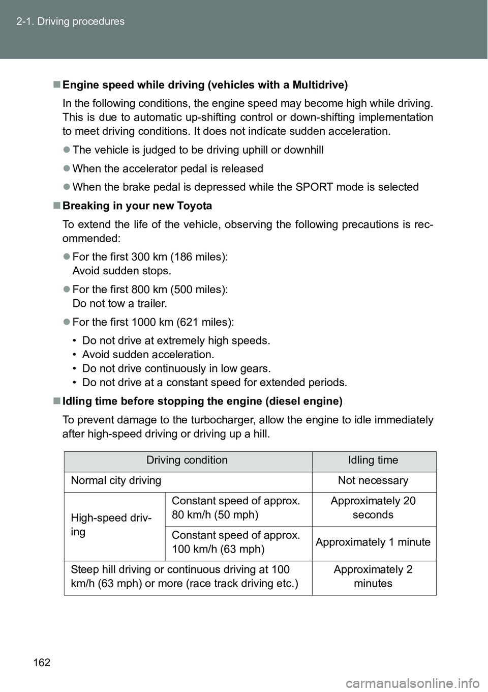 TOYOTA VERSO S 2015  Owners Manual 162 2-1. Driving procedures
Engine speed while driving (vehicles with a Multidrive)
In the following conditions, the engine speed may become high while driving.
This is due to automatic up-shifting