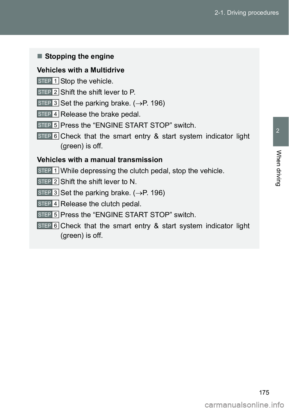 TOYOTA VERSO S 2015  Owners Manual 175 2-1. Driving procedures
2
When driving
Stopping the engine
Vehicles with a Multidrive
Stop the vehicle.
Shift the shift lever to P.
Set the parking brake. (P. 196)
Release the brake pedal.
P