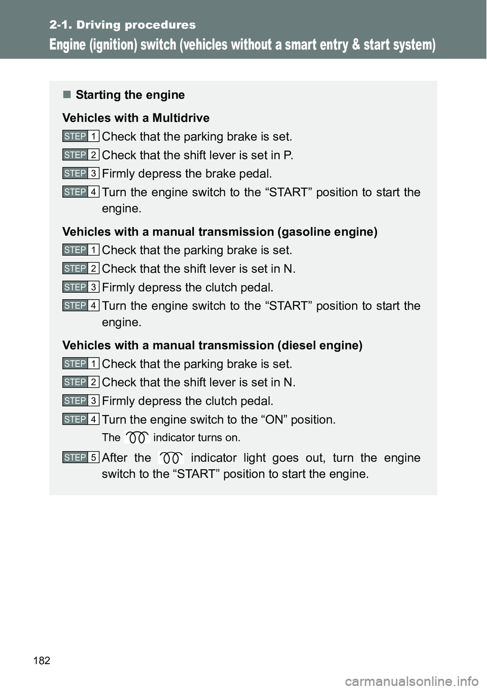 TOYOTA VERSO S 2015  Owners Manual 182
2-1. Driving procedures
Engine (ignition) switch (vehicles without a smar t entr y & star t system)
Starting the engine
Vehicles with a Multidrive
Check that the parking brake is set.
Check tha
