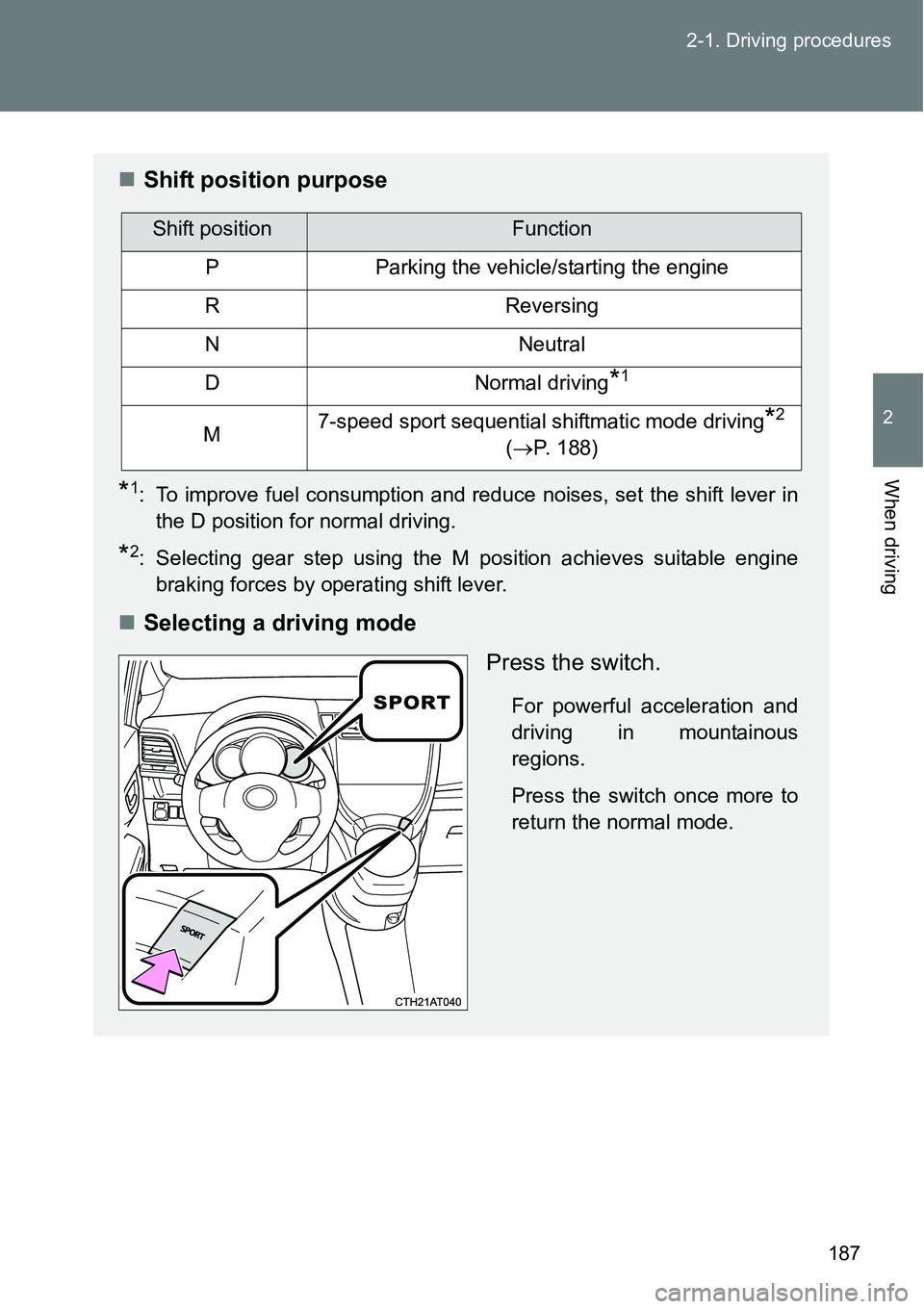 TOYOTA VERSO S 2015  Owners Manual 187 2-1. Driving procedures
2
When driving
Shift position purpose
*1: To improve fuel consumption and reduce noises, set the shift lever in
the D position for normal driving.
*2: Selecting gear ste