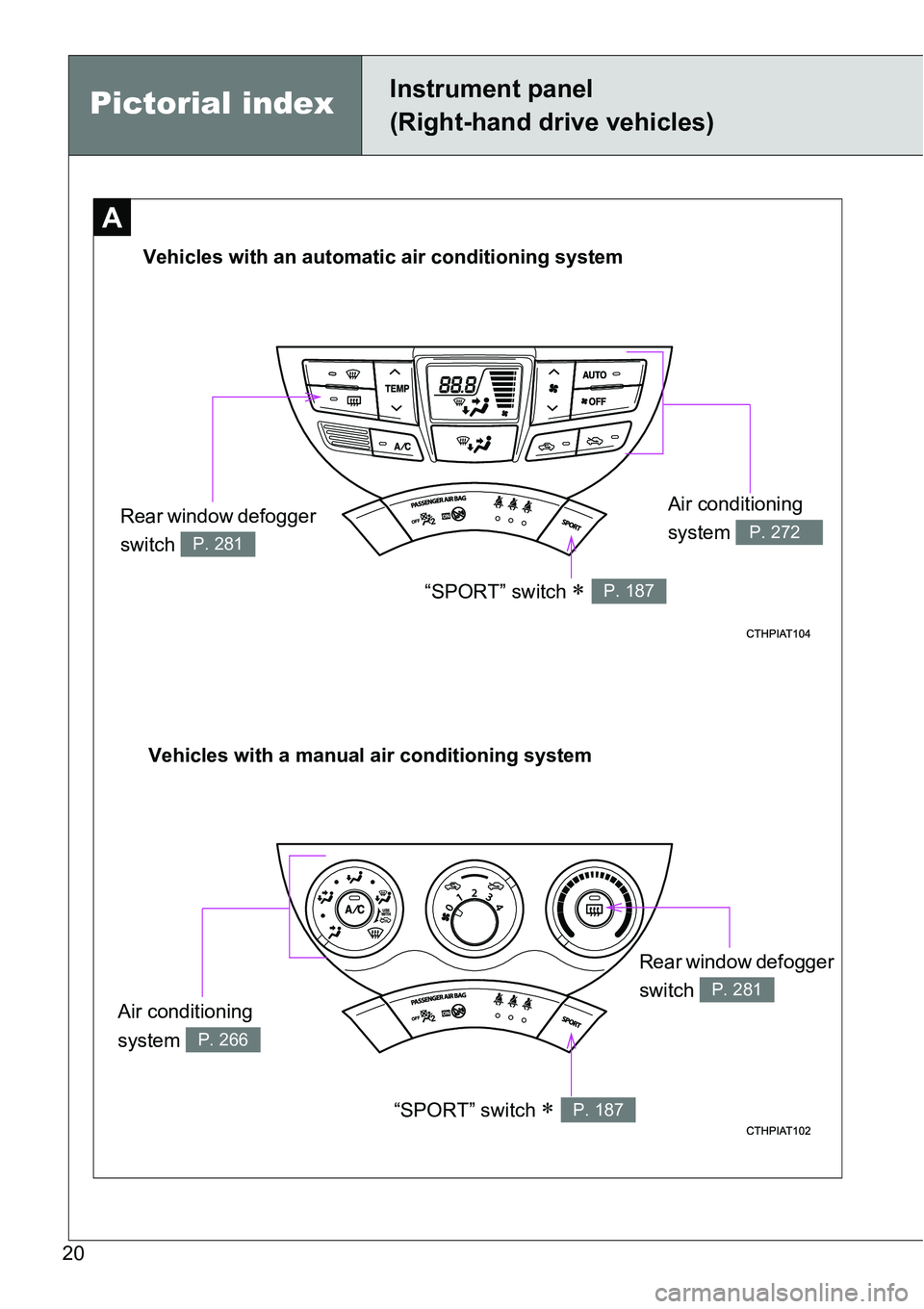 TOYOTA VERSO S 2015  Owners Manual 20
Rear window defogger 
switch 
P. 281
A
Vehicles with an automatic air conditioning system
Vehicles with a manual air conditioning systemAir conditioning 
system 
P. 272
Air conditioning 
system 
P.