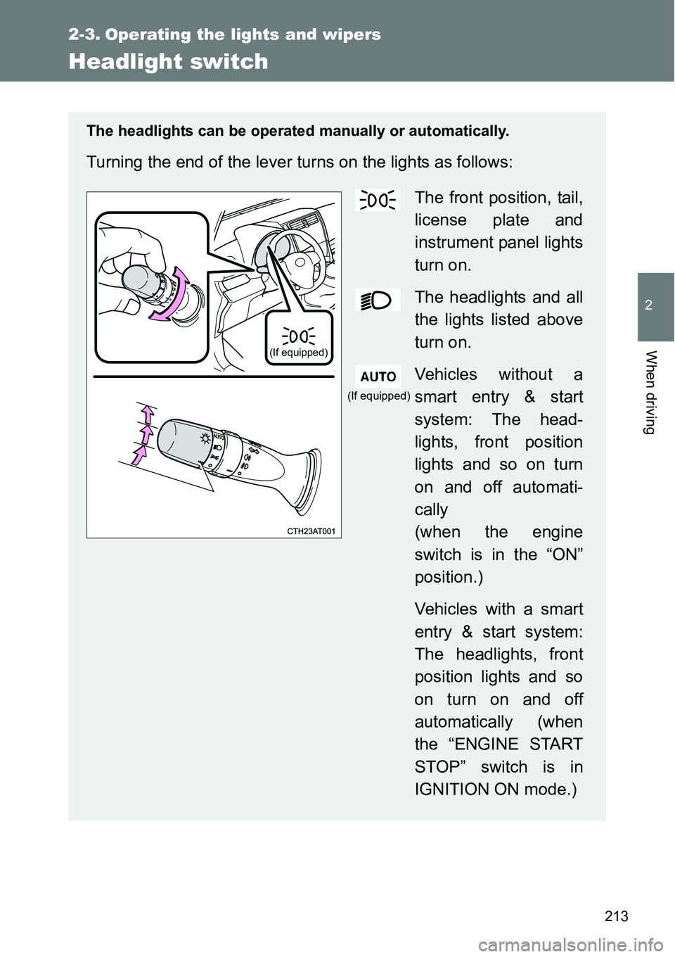 TOYOTA VERSO S 2015  Owners Manual 213
2
When driving
2-3. Operating the lights and wipers
Headlight switch
The headlights can be operated manually or automatically.
Turning the end of the lever turns on the lights as follows:
The fron