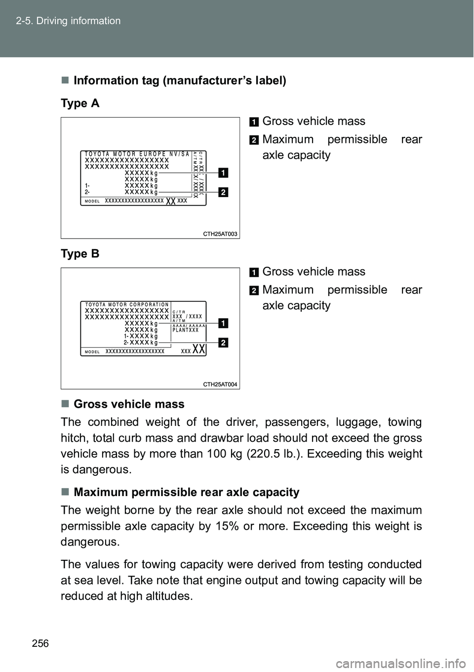 TOYOTA VERSO S 2015  Owners Manual 256 2-5. Driving information
Information tag (manufacturer’s label)
Ty p e  A
Gross vehicle mass
Maximum permissible rear
axle capacity
Ty p e  B
Gross vehicle mass
Maximum permissible rear
axle 
