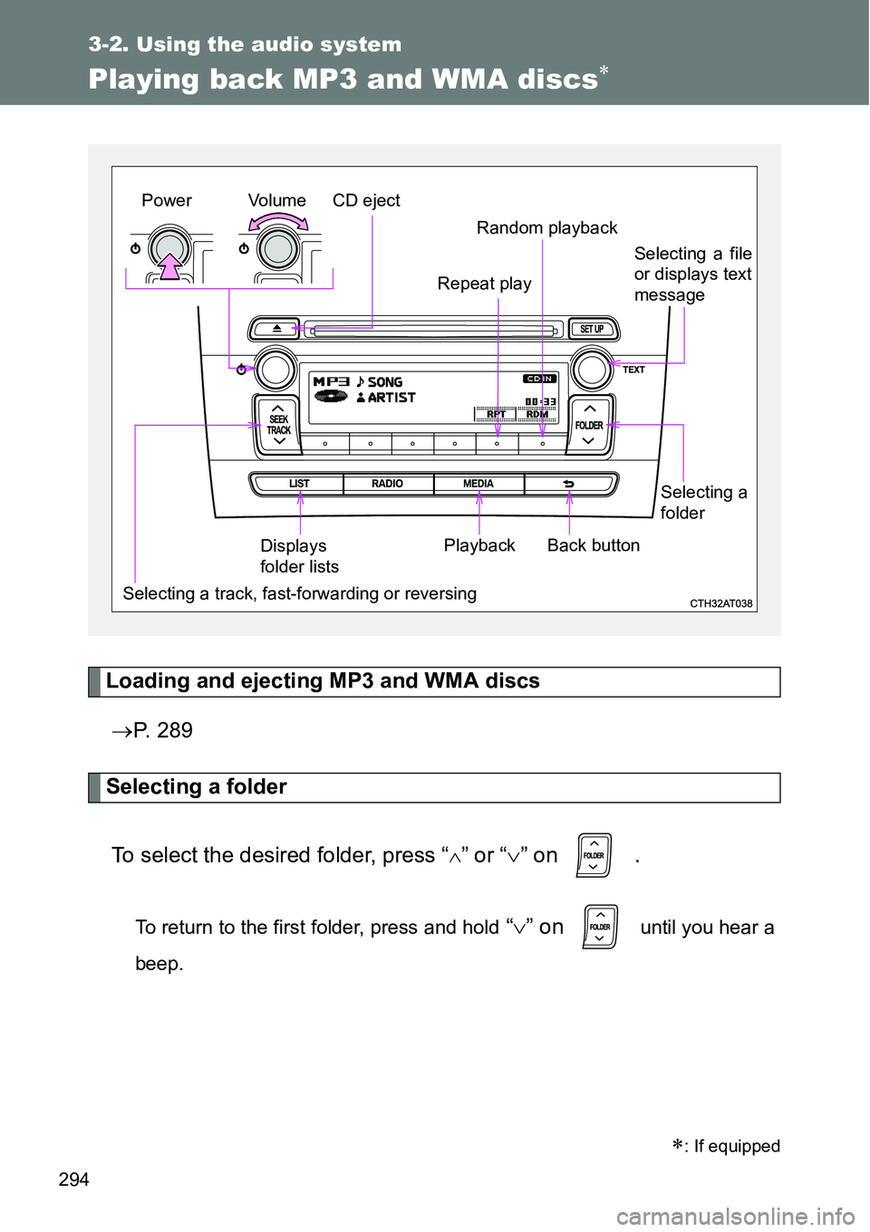 TOYOTA VERSO S 2015  Owners Manual 294
3-2. Using the audio system
Playing back MP3 and WMA discs
Loading and ejecting MP3 and WMA discs
P. 289
Selecting a folder
To select the desired folder, press “
” or “” on   .