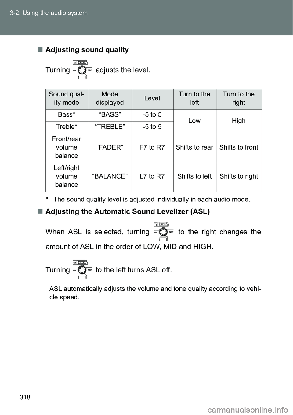 TOYOTA VERSO S 2015  Owners Manual 318 3-2. Using the audio system
Adjusting sound quality
Turning   adjusts the level.
*: The sound quality level is adjusted individually in each audio mode.
Adjusting the Automatic Sound Leveliz