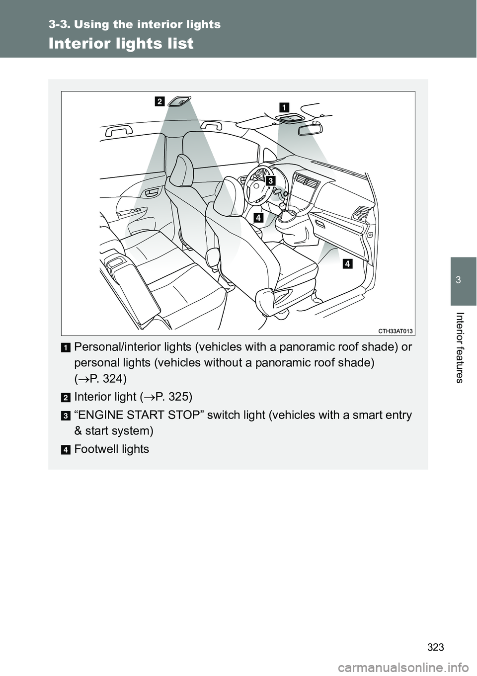 TOYOTA VERSO S 2015  Owners Manual 323
3
Interior features
3-3. Using the interior lights
Interior lights list
Personal/interior lights (vehicles with a panoramic roof shade) or
personal lights (vehicles without a panoramic roof shade)