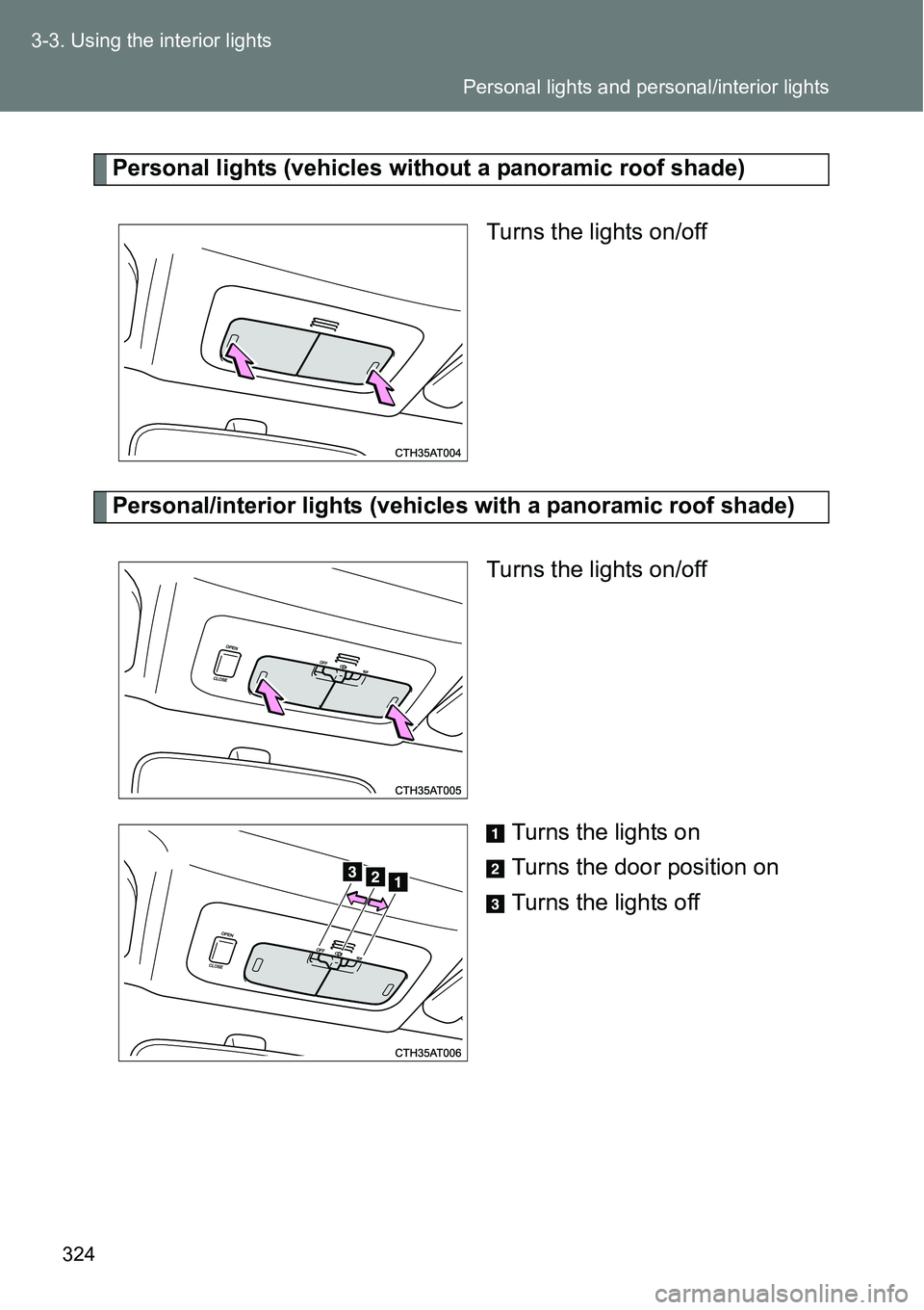 TOYOTA VERSO S 2015  Owners Manual 324 3-3. Using the interior lights
Personal lights (vehicles without a panoramic roof shade)
Turns the lights on/off
Personal/interior lights (vehicles with a panoramic roof shade)
Turns the lights on