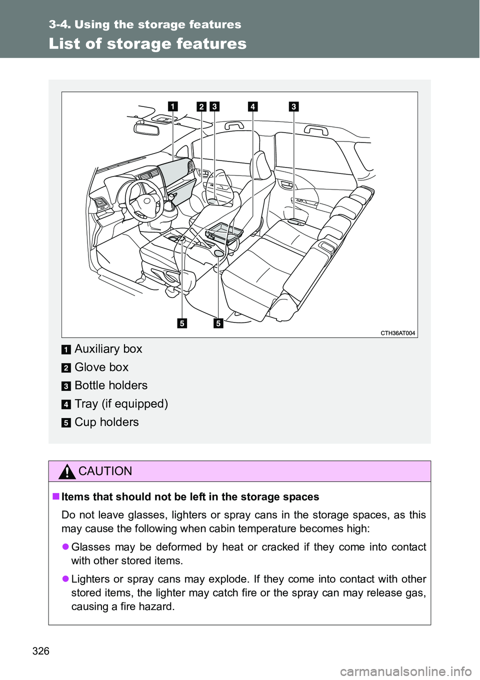 TOYOTA VERSO S 2015  Owners Manual 326
3-4. Using the storage features
List of storage features
CAUTION
Items that should not be left in the storage spaces
Do not leave glasses, lighters or spray cans in the storage spaces, as this
