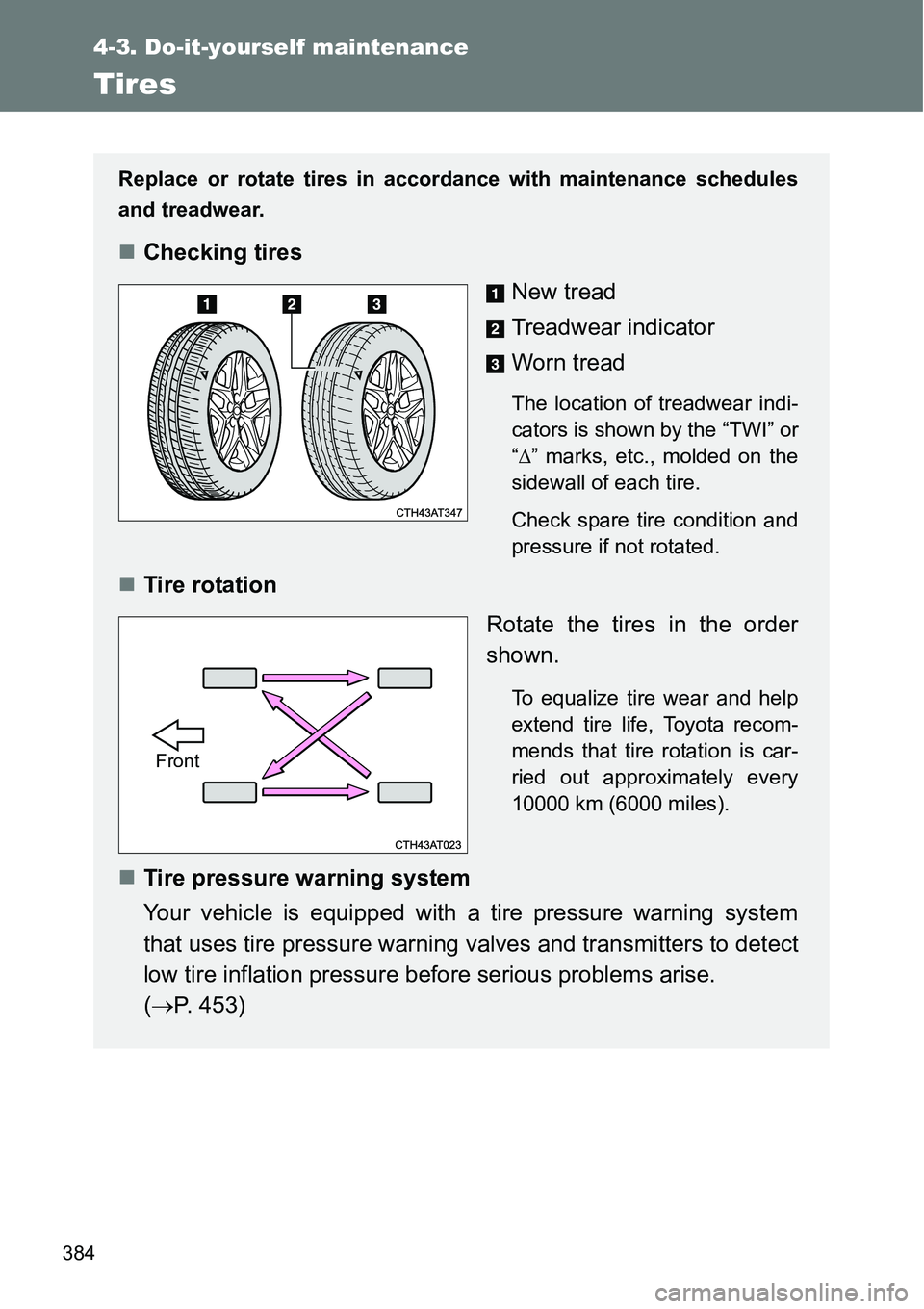 TOYOTA VERSO S 2015  Owners Manual 384
4-3. Do-it-yourself maintenance
Tires
Replace or rotate tires in accordance with maintenance schedules
and treadwear.
Checking tires
New tread
Treadwear indicator
Worn tread
The location of tre