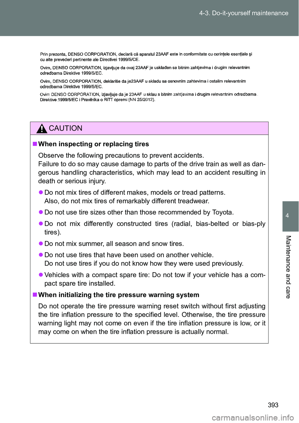 TOYOTA VERSO S 2015  Owners Manual 393 4-3. Do-it-yourself maintenance
4
Maintenance and care
CAUTION
When inspecting or replacing tires
Observe the following precautions to prevent accidents.
Failure to do so may cause damage to pa