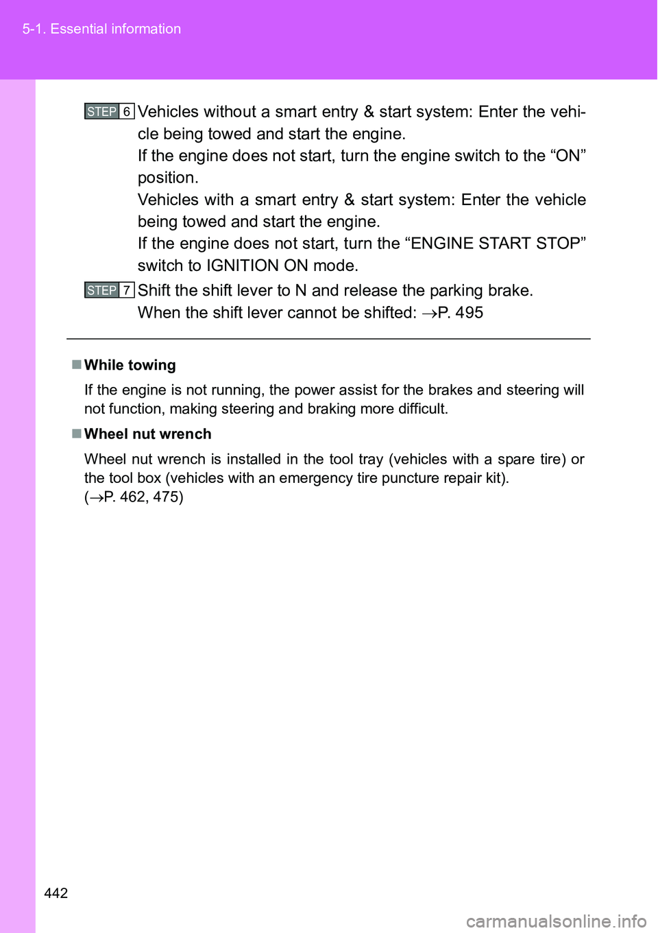 TOYOTA VERSO S 2015  Owners Manual 442 5-1. Essential information
Vehicles without a smart entry & start system: Enter the vehi-
cle being towed and start the engine.
If the engine does not start, turn the engine switch to the “ON”