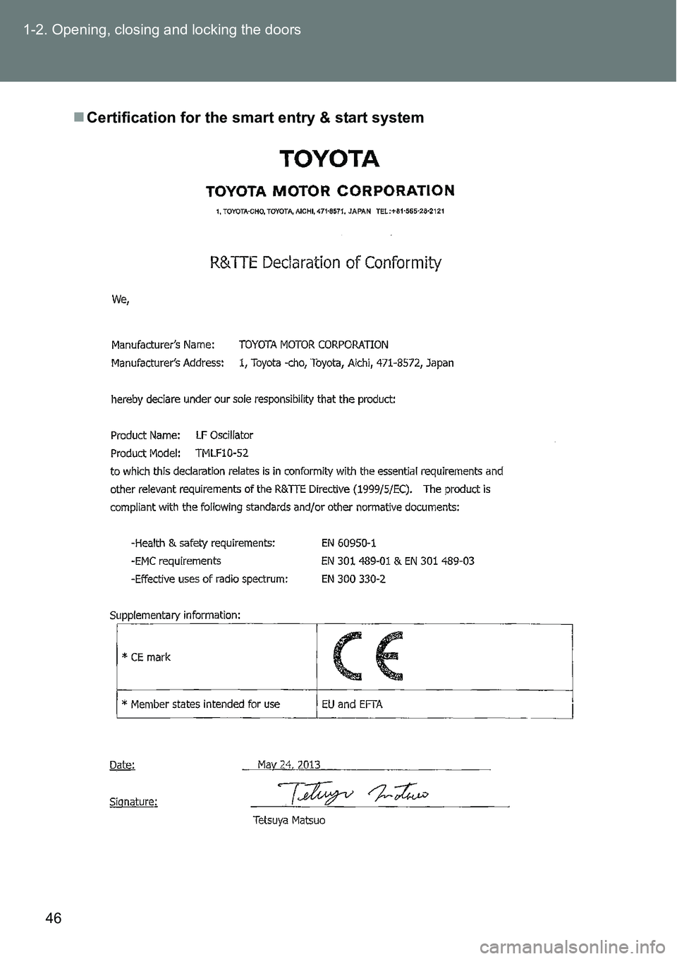 TOYOTA VERSO S 2015  Owners Manual 46 1-2. Opening, closing and locking the doors
Certification for the smart entry & start system 