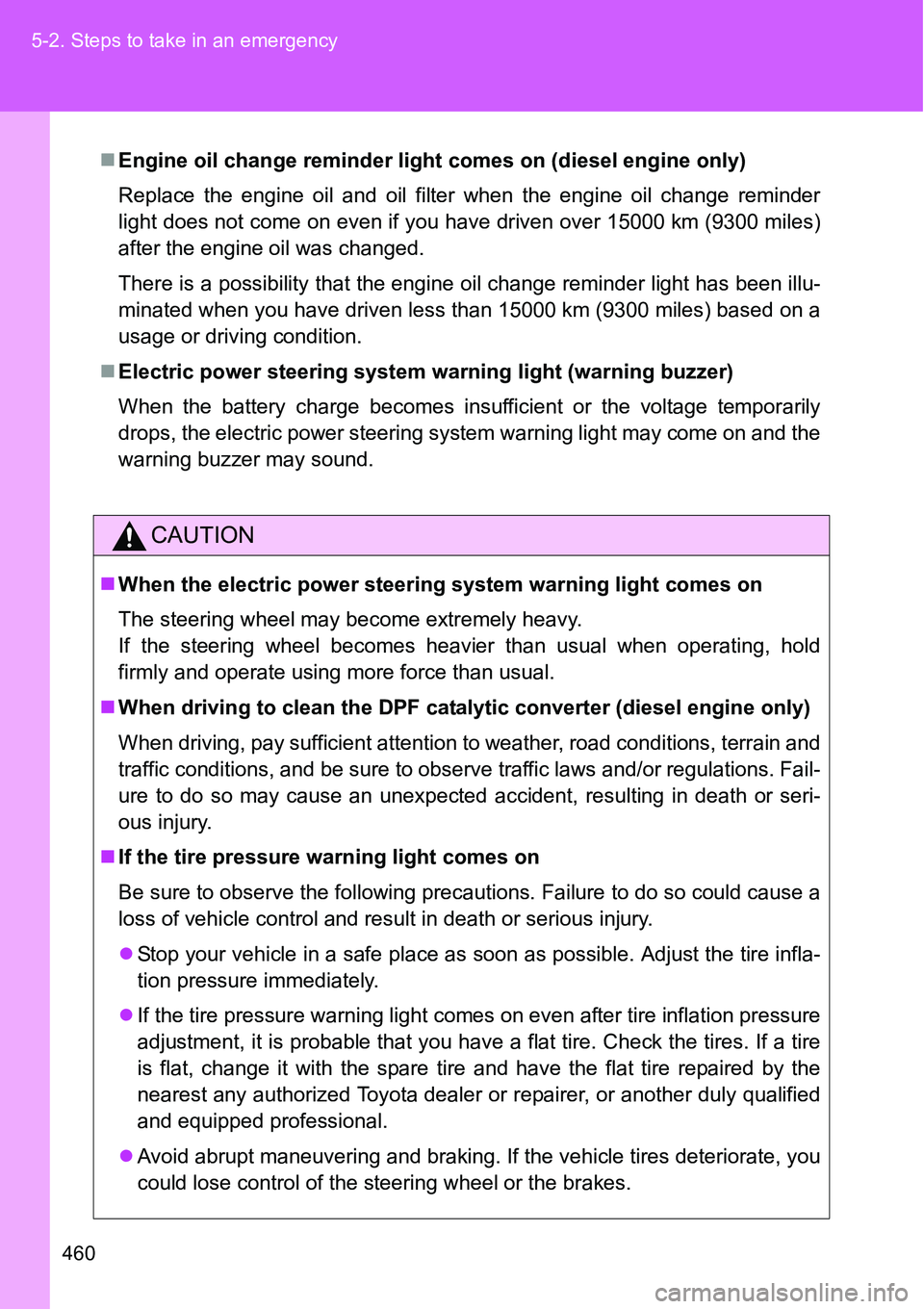 TOYOTA VERSO S 2015 Owners Manual 460 5-2. Steps to take in an emergency
Engine oil change reminder light comes on (diesel engine only)
Replace the engine oil and oil filter when the engine oil change reminder
light does not come o TOYOTA VERSO S 2015 Owners Manual 460 5-2. Steps to take in an emergency
Engine oil change reminder light comes on (diesel engine only)
Replace the engine oil and oil filter when the engine oil change reminder
light does not come o