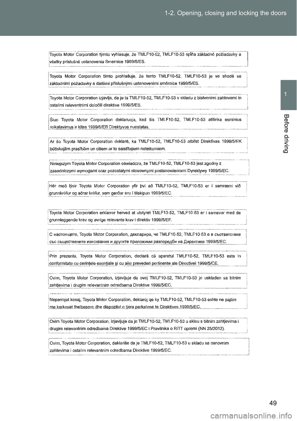 TOYOTA VERSO S 2015  Owners Manual 49 1-2. Opening, closing and locking the doors
1
Before driving 