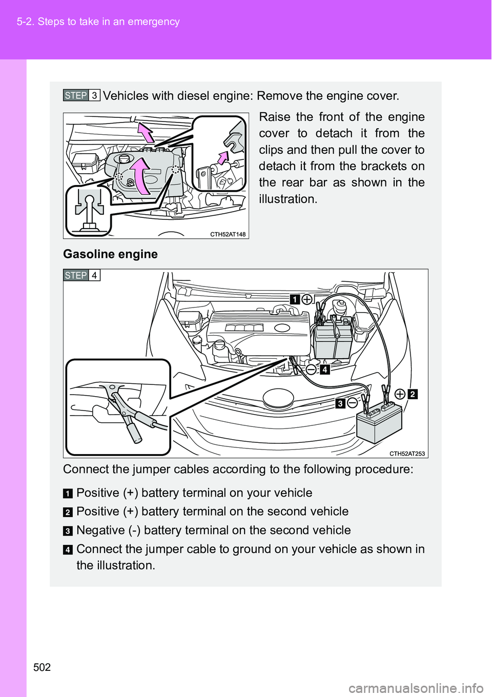 TOYOTA VERSO S 2015  Owners Manual 502 5-2. Steps to take in an emergency
Vehicles with diesel engine: Remove the engine cover.
Raise the front of the engine
cover to detach it from the
clips and then pull the cover to
detach it from t