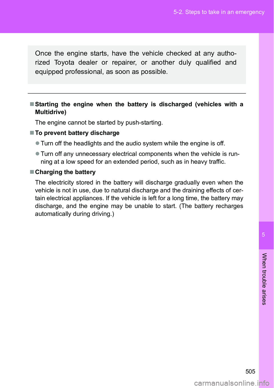 TOYOTA VERSO S 2015  Owners Manual 5
505 5-2. Steps to take in an emergency
When trouble arises
Starting the engine when the battery is discharged (vehicles with a
Multidrive)
The engine cannot be started by push-starting.
To pre