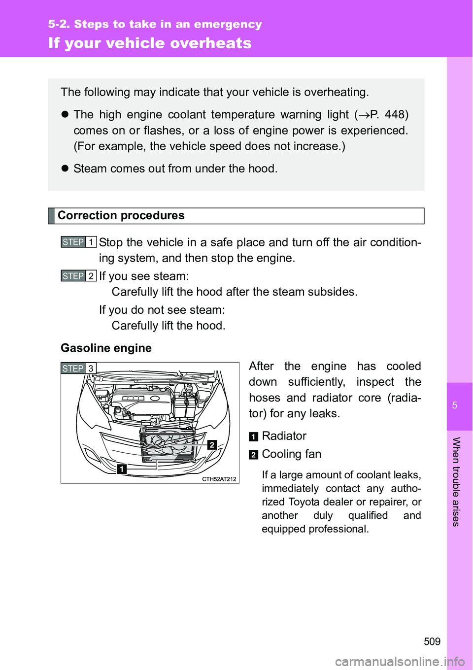 TOYOTA VERSO S 2015  Owners Manual 5
509
5-2. Steps to take in an emergency
When trouble arises
If your vehicle overheats
Correction procedures
Stop the vehicle in a safe place and turn off the air condition-
ing system, and then stop 