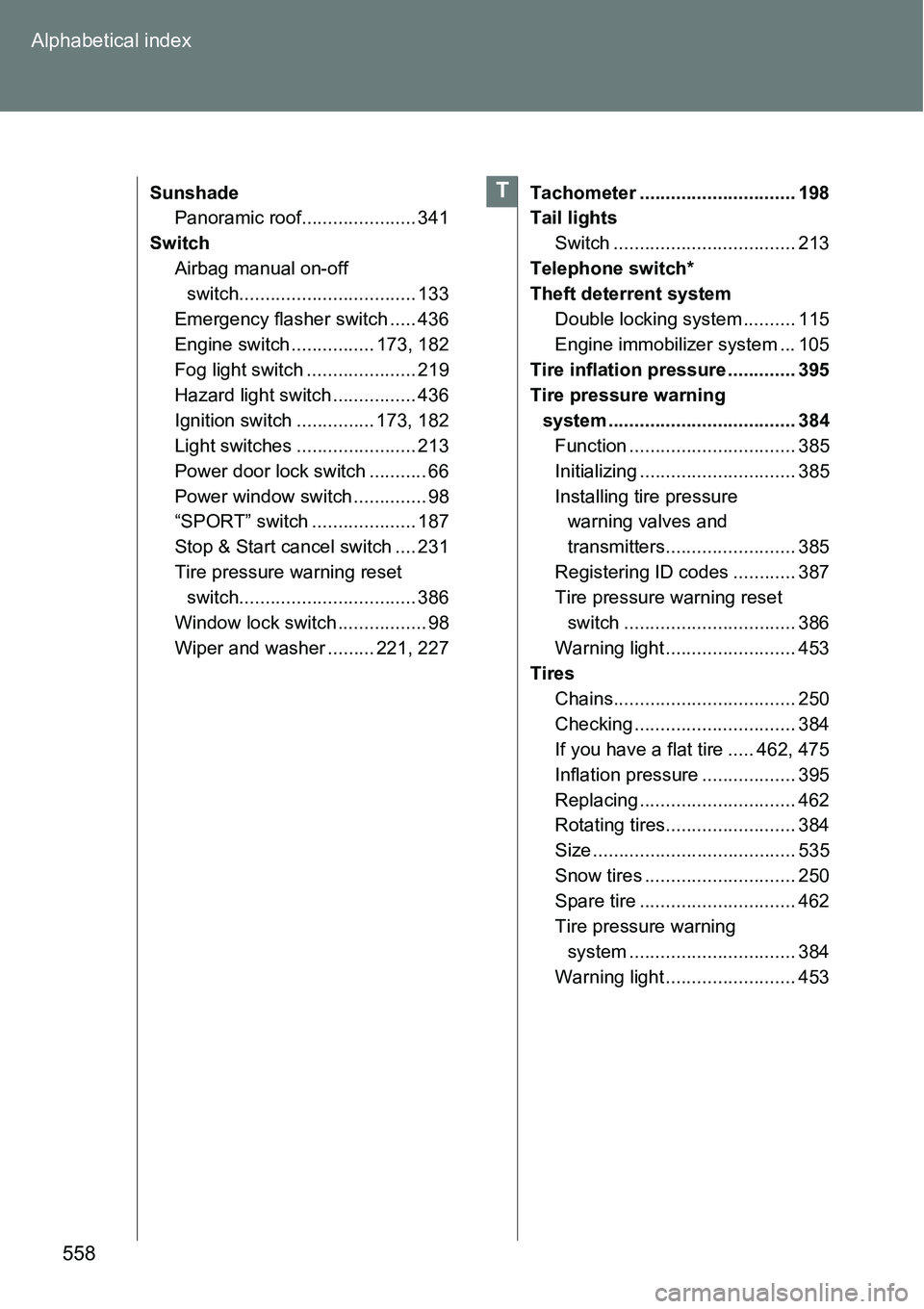 TOYOTA VERSO S 2015  Owners Manual 558 Alphabetical index
Sunshade
Panoramic roof...................... 341
Switch
Airbag manual on-off 
switch.................................. 133
Emergency flasher switch ..... 436
Engine switch ....