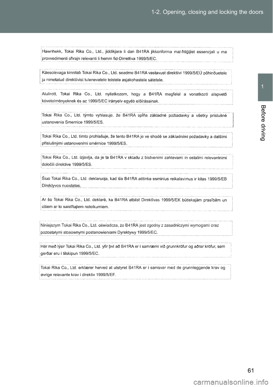 TOYOTA VERSO S 2015  Owners Manual 61 1-2. Opening, closing and locking the doors
1
Before driving 