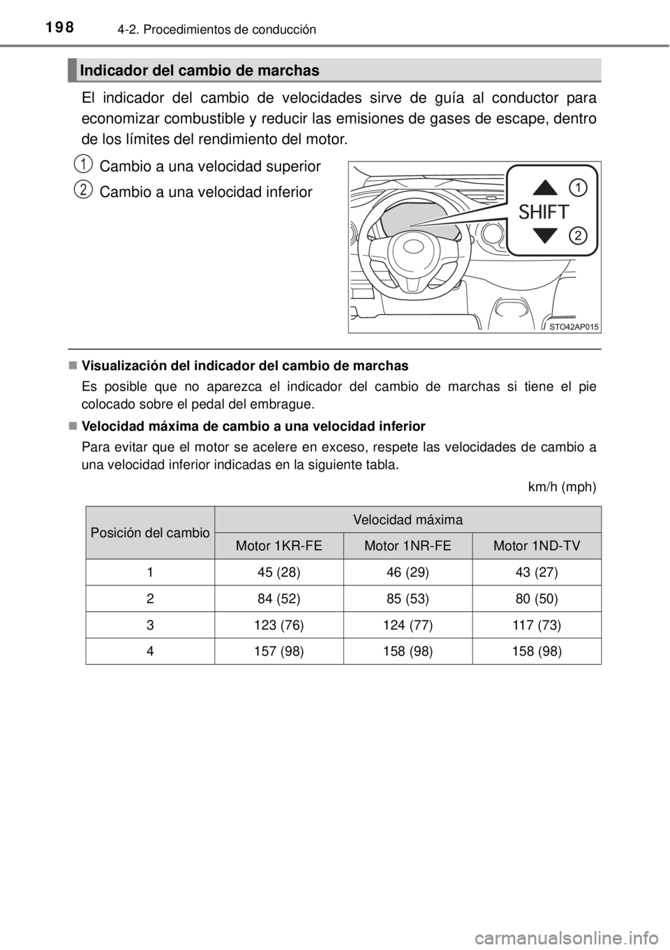 TOYOTA YARIS 2015  Manuale de Empleo (in Spanish) 1984-2. Procedimientos de conducción
El indicador del cambio de velocidades sirve de guía al conductor para
economizar combustible y reducir las emisiones de gases de escape, dentro
de los límites 