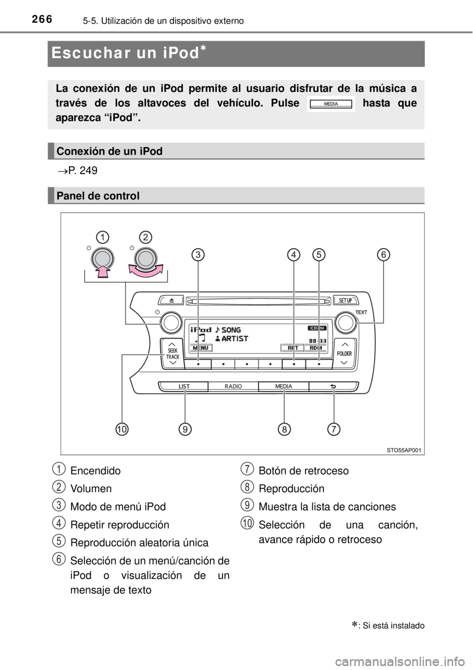 TOYOTA YARIS 2015  Manuale de Empleo (in Spanish) 2665-5. Utilización de un dispositivo externo
Escuchar un iPod
P. 249
: Si está instalado
La conexión de un iPod permite al usuario disfrutar de la música a
través de los altavoces del v