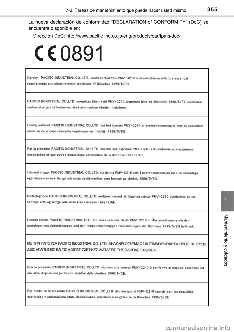 TOYOTA YARIS 2015  Manuale de Empleo (in Spanish) 3557-3. Tareas de mantenimiento que puede hacer usted mismo
7
Mantenimiento y cuidados
La nueva declaración de conformidad “DECLARATION of CONFORMITY” (DoC) se
encuentra disponible en:
Dirección