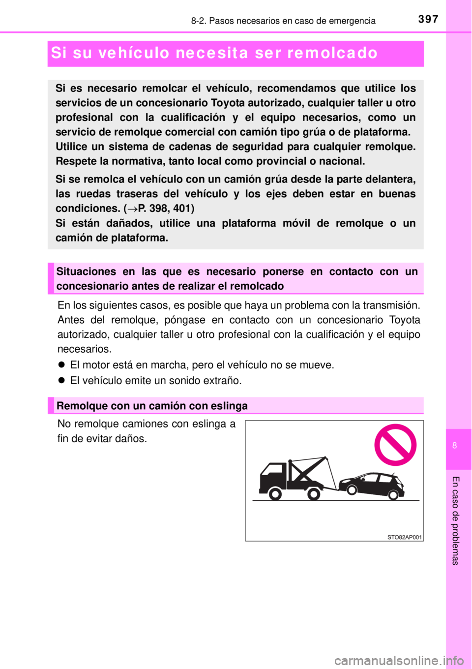 TOYOTA YARIS 2015  Manuale de Empleo (in Spanish) 3978-2. Pasos necesarios en caso de emergencia
8
En caso de problemas
Si su vehículo necesita ser remolcado
En los siguientes casos, es posible que haya un problema con la transmisión.
Antes del rem
