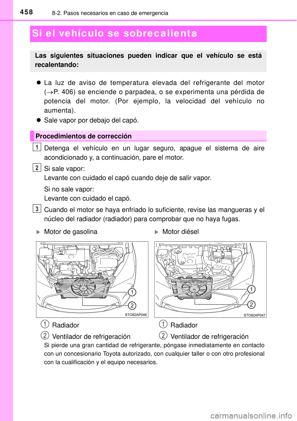 TOYOTA YARIS 2015  Manuale de Empleo (in Spanish) 4588-2. Pasos necesarios en caso de emergencia
Si el vehículo se sobrecalienta
La luz de aviso de temperatura elevada del refrigerante del motor
(P. 406) se enciende o parpadea, o se experiment