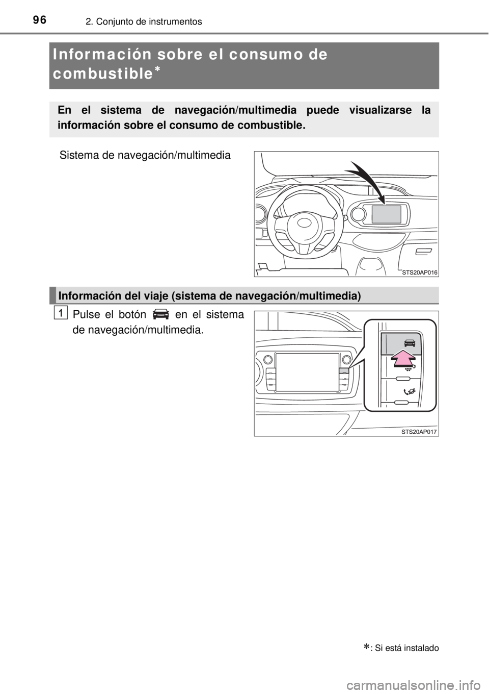 TOYOTA YARIS 2015  Manuale de Empleo (in Spanish) 962. Conjunto de instrumentos
Infor mación sobre el consumo de 
combustible

Sistema de navegación/multimedia
Pulse el botón   en el sistema
de navegación/multimedia.
: Si está instalado
En