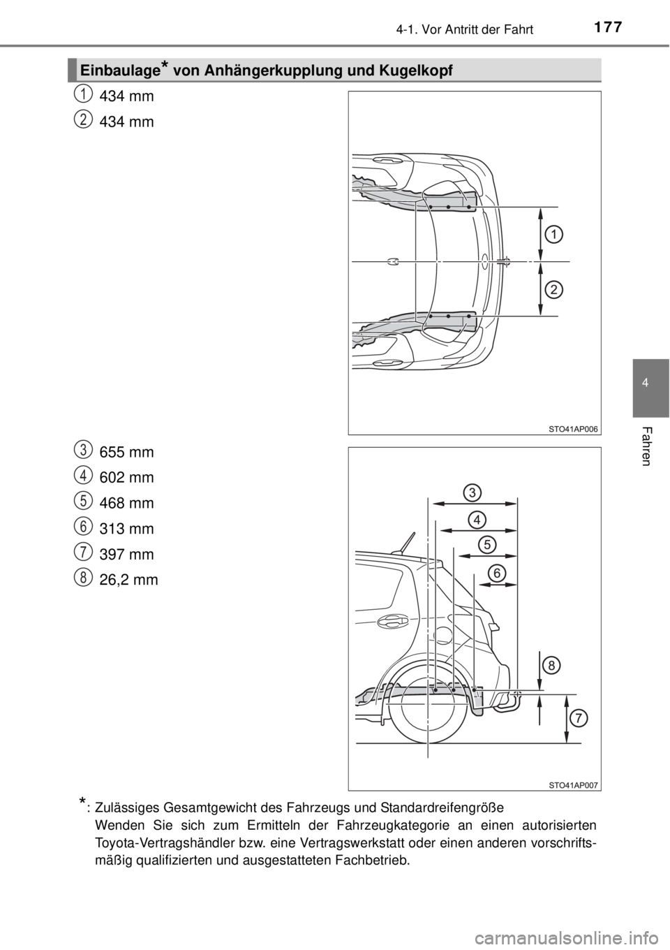 TOYOTA YARIS 2015  Betriebsanleitungen (in German) 1774-1. Vor Antritt der Fahrt
4
Fahren
434 mm
434 mm
655 mm
602 mm
468 mm
313 mm
397 mm
26,2 mm
*: Zulässiges Gesamtgewicht des Fahrzeugs und Standardreifengröße
Wenden Sie sich zum Ermitteln der F