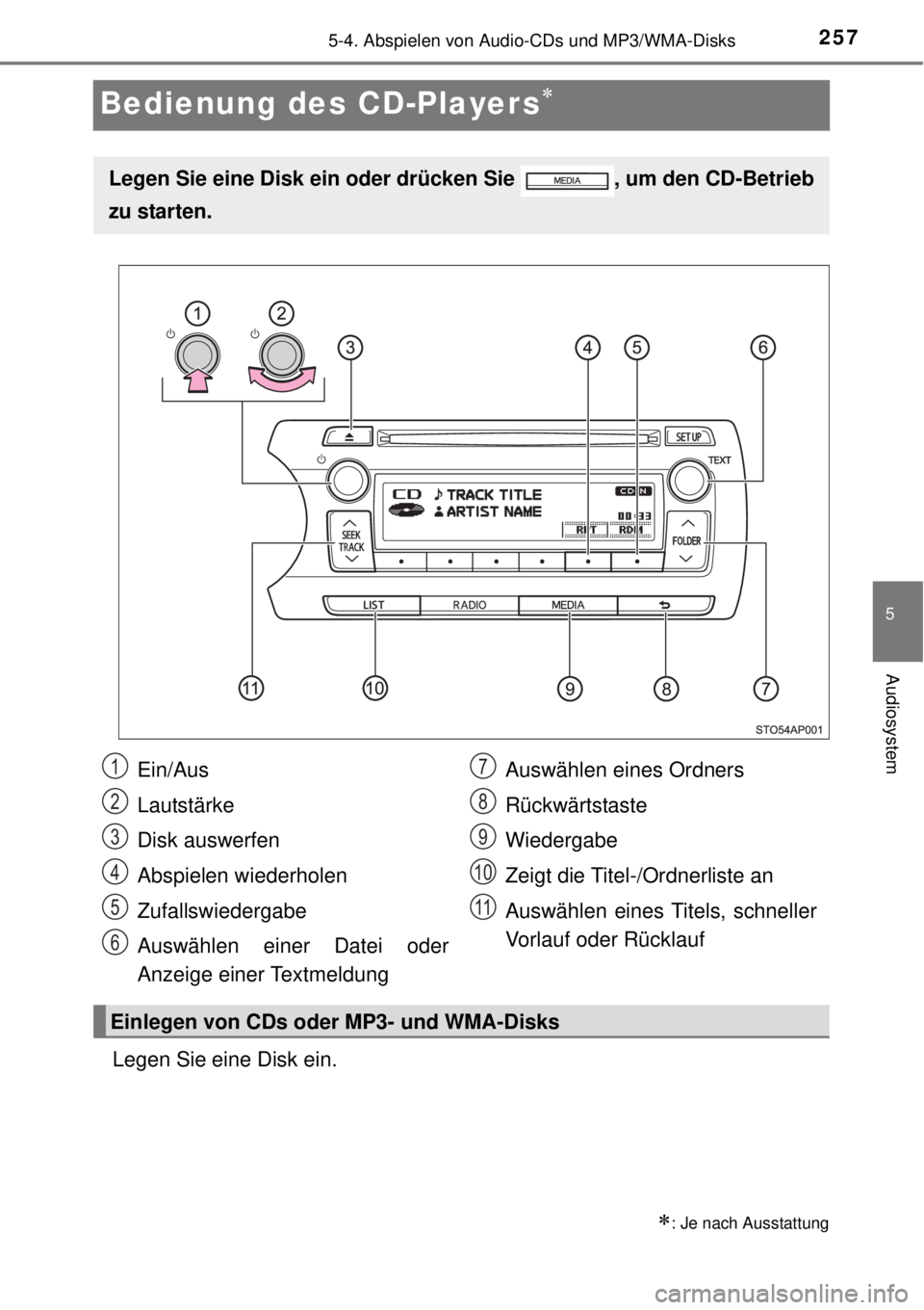 TOYOTA YARIS 2015  Betriebsanleitungen (in German) 257
5
5-4. Abspielen von Audio-CDs und MP3/WMA-Disks
Audiosystem
Bedienung des CD-Players
Legen Sie eine Disk ein.
: Je nach Ausstattung
Legen Sie eine Disk ein oder drücken Sie  , um den CD-Be