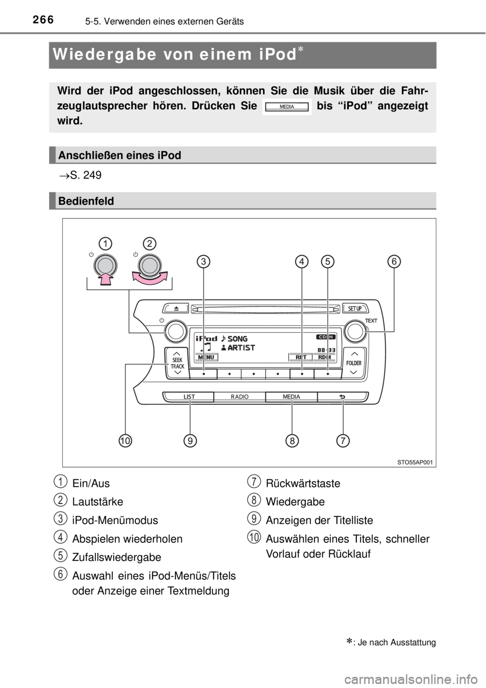TOYOTA YARIS 2015  Betriebsanleitungen (in German) 2665-5. Verwenden eines externen Geräts
Wiedergabe von einem iPod
S. 249
: Je nach Ausstattung
Wird der iPod angeschlossen, können Sie die Musik über die Fahr-
zeuglautsprecher hören. Dr