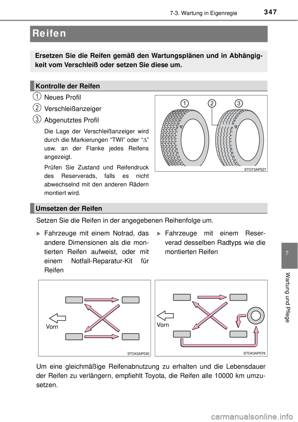 TOYOTA YARIS 2015  Betriebsanleitungen (in German) 3477-3. Wartung in Eigenregie
7
Wartung und Pflege
Reifen
Neues Profil
Verschleißanzeiger
Abgenutztes Profil
Die Lage der Verschleißanzeiger wird
durch die Markierungen “TWI” oder “”
usw.