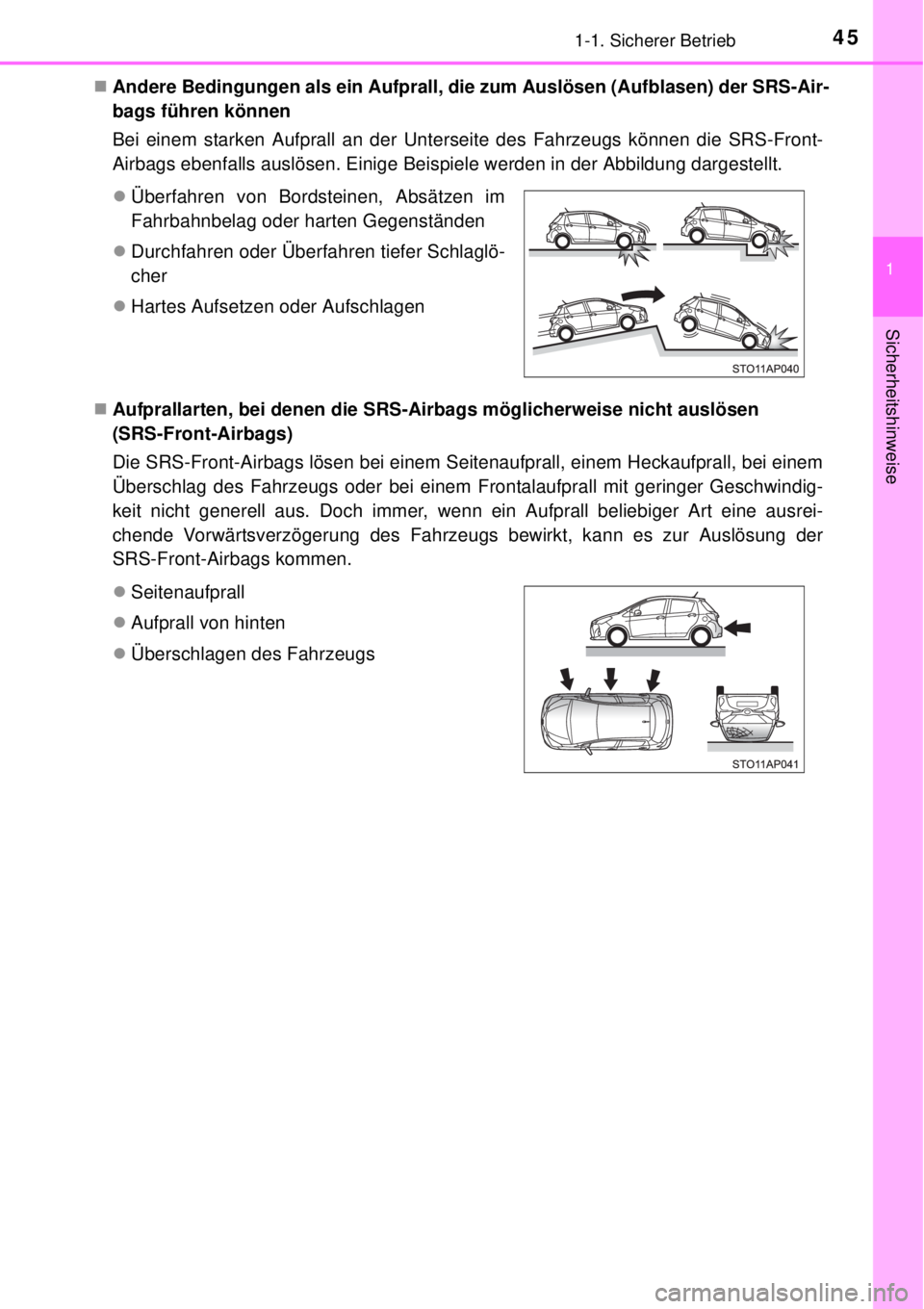 TOYOTA YARIS 2015  Betriebsanleitungen (in German) 451-1. Sicherer Betrieb
1
Sicherheitshinweise
Andere Bedingungen als ein Aufprall, die zum Auslösen (Aufblasen) der SRS-Air-
bags führen können 
Bei einem starken Aufprall an der Unterseite des 