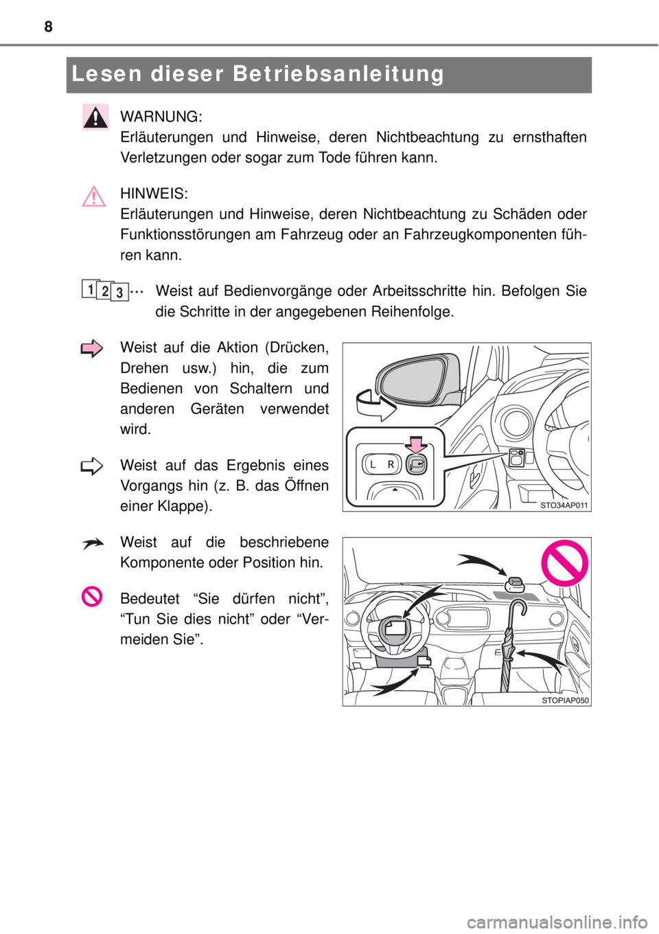 TOYOTA YARIS 2015  Betriebsanleitungen (in German) 8
Lesen dieser Betriebsanleitung
WARNUNG: 
Erläuterungen und Hinweise, deren Nichtbeachtung zu ernsthaften
Verletzungen oder sogar zum Tode führen kann.
HINWEIS: 
Erläuterungen und Hinweise, deren 