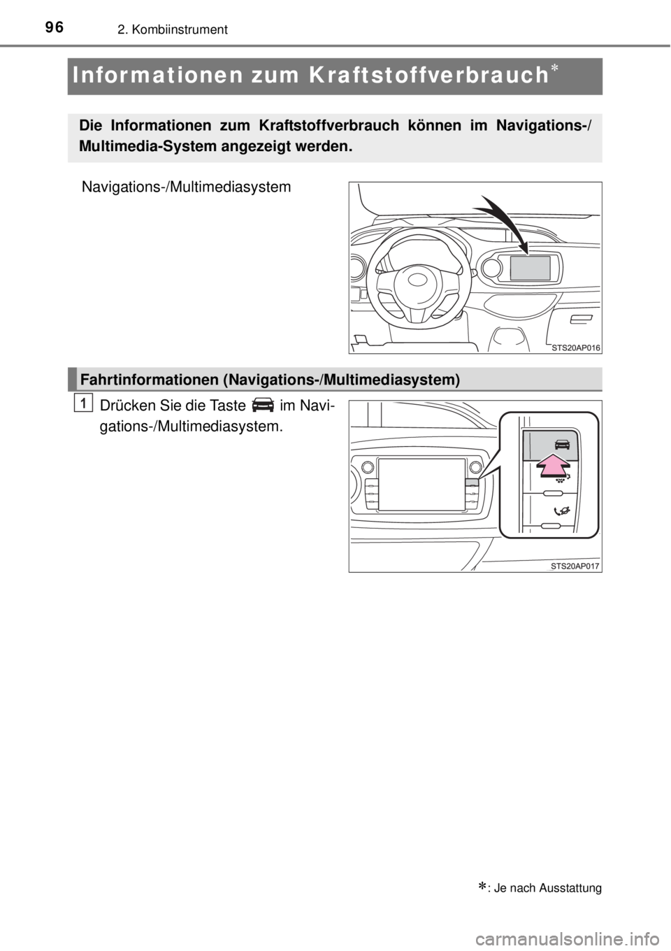 TOYOTA YARIS 2015  Betriebsanleitungen (in German) 962. Kombiinstrument
Informationen zum Kraftstoffverbrauch
Navigations-/Multimediasystem
Drücken Sie die Taste   im Navi-
gations-/Multimediasystem.
: Je nach Ausstattung
Die Informationen zum 