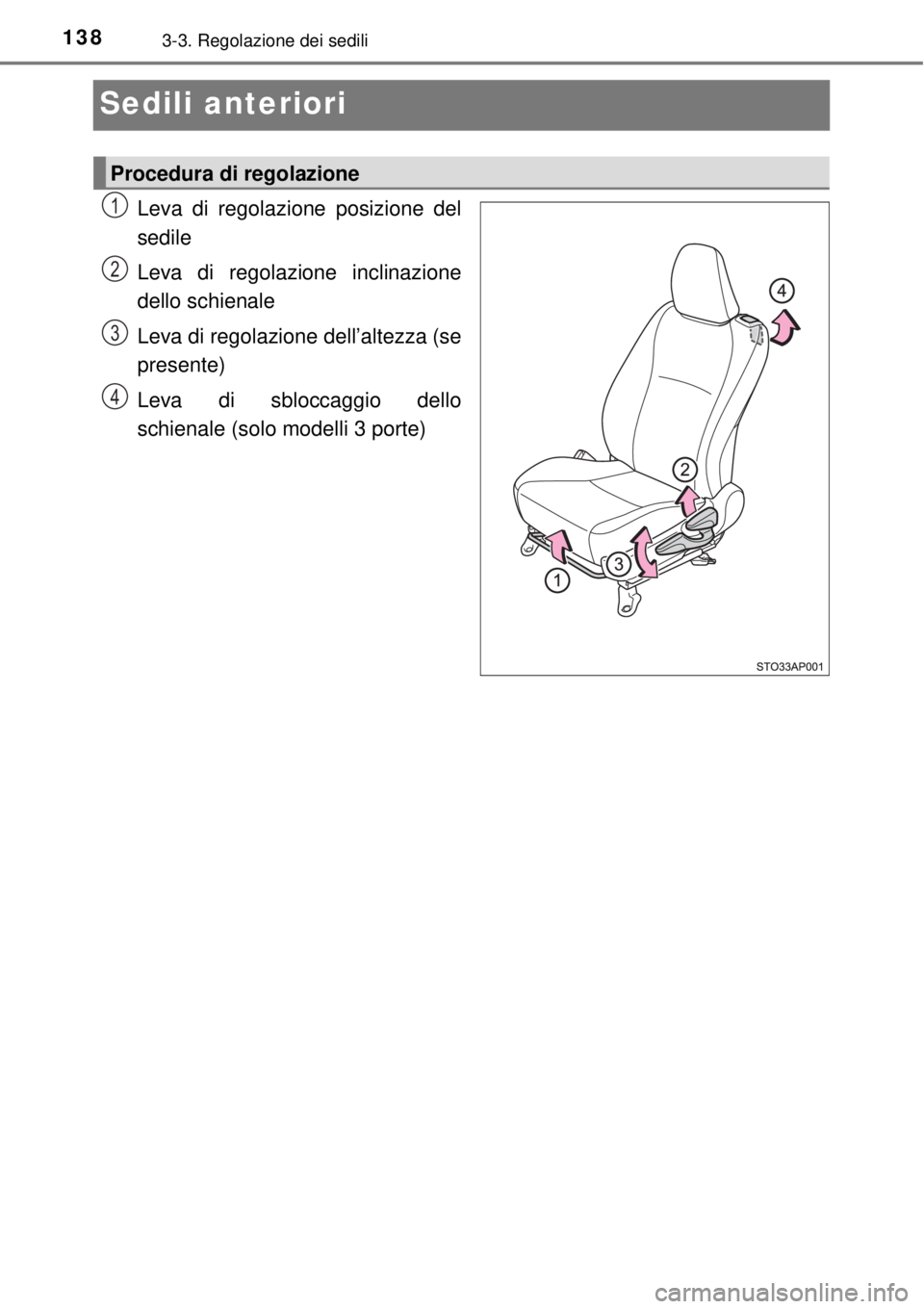 TOYOTA YARIS 2015  Manuale duso (in Italian) 1383-3. Regolazione dei sedili
Sedili anteriori
Leva di regolazione posizione del
sedile
Leva di regolazione inclinazione
dello schienale
Leva di regolazione dell’altezza (se
presente)
Leva di sbloc