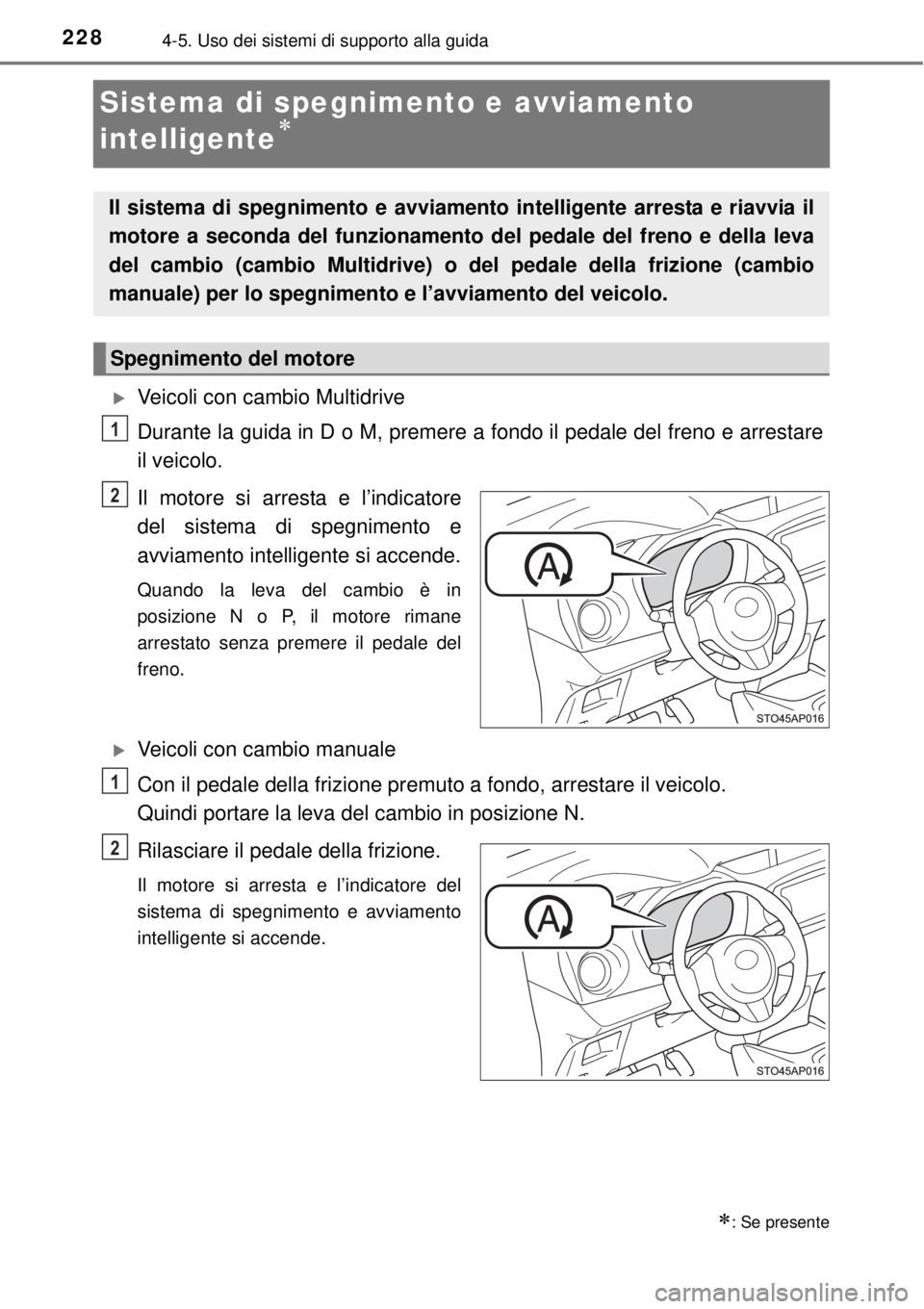 TOYOTA YARIS 2015 Manuale duso (in Italian) 2284-5. Uso dei sistemi di supporto alla guida
Sistema di spegnimento e avviamento
intelligente
Veicoli con cambio Multidrive
Durante la guida in D o M, premere a fondo il pedale del freno e a TOYOTA YARIS 2015 Manuale duso (in Italian) 2284-5. Uso dei sistemi di supporto alla guida
Sistema di spegnimento e avviamento
intelligente
Veicoli con cambio Multidrive
Durante la guida in D o M, premere a fondo il pedale del freno e a