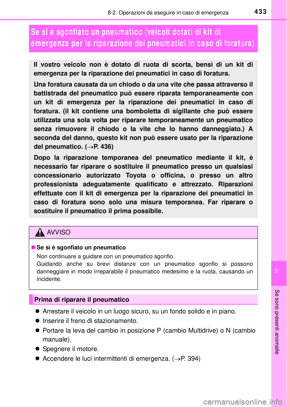 TOYOTA YARIS 2015  Manuale duso (in Italian) 4338-2. Operazioni da eseguire in caso di emergenza
8
Se sono presenti anomalie
Se si è sgonfiato un pneumatico (veicoli dotati di kit di 
emergenza per la riparazione dei pneumatici in caso di forat