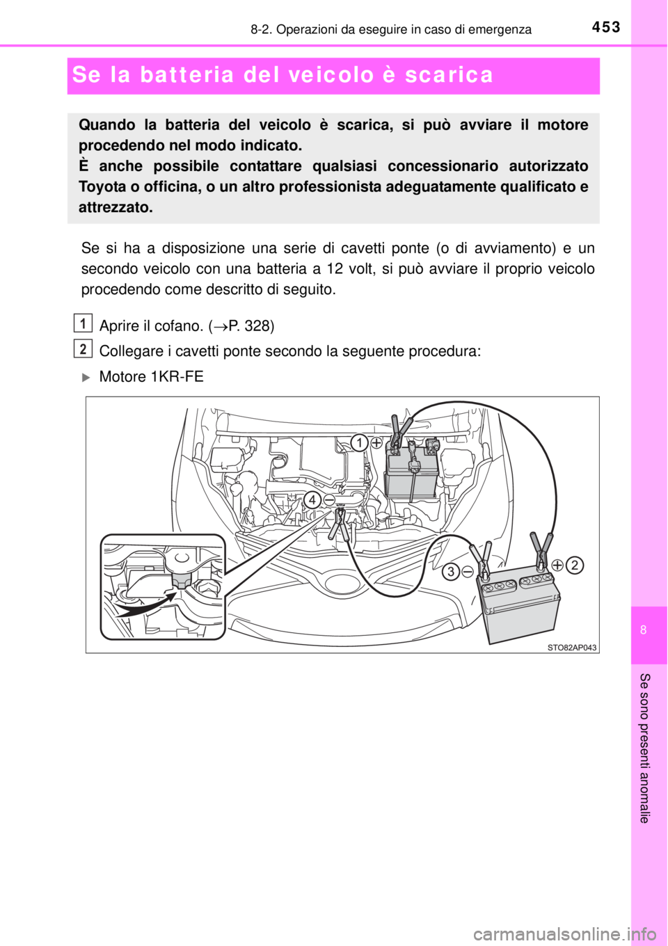 TOYOTA YARIS 2015  Manuale duso (in Italian) 4538-2. Operazioni da eseguire in caso di emergenza
8
Se sono presenti anomalie
Se la batteria del veicolo è scarica
Se si ha a disposizione una serie di cavetti ponte (o di avviamento) e un
secondo 