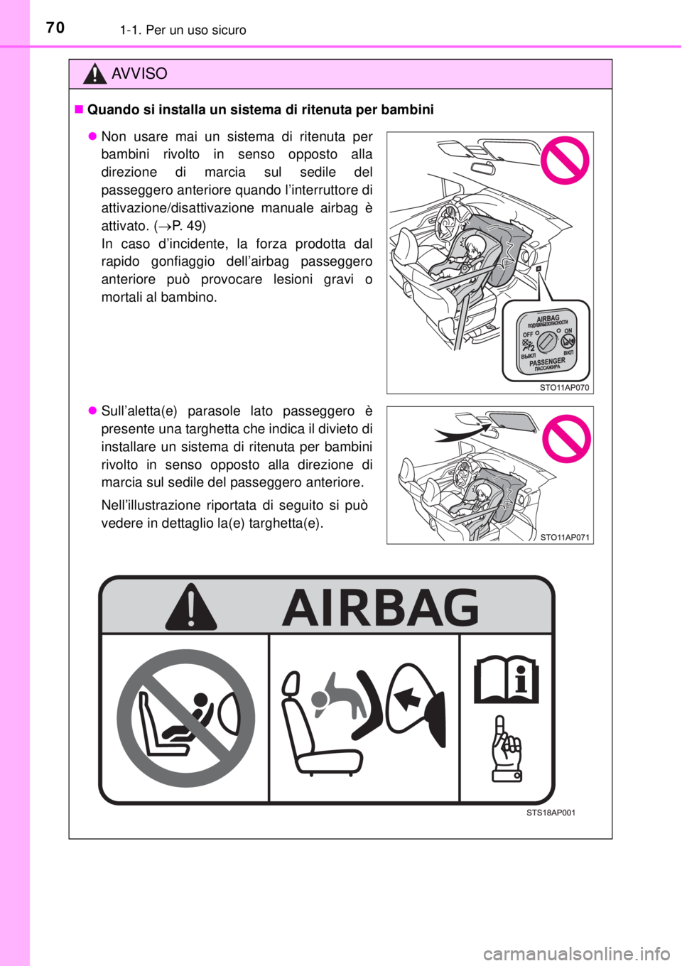 TOYOTA YARIS 2015  Manuale duso (in Italian) 701-1. Per un uso sicuro
AV V I S O
Quando si installa un sistema di ritenuta per bambini
Non usare mai un sistema di ritenuta per
bambini rivolto in senso opposto alla
direzione di marcia sul s