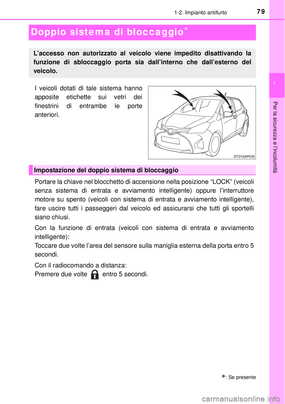 TOYOTA YARIS 2015  Manuale duso (in Italian) 79
1
1-2. Impianto antifurto
Per la sicurezza e l’incolumità
Doppio sistema di bloccaggio
I veicoli dotati di tale sistema hanno
apposite etichette sui vetri dei
finestrini di entrambe le porte
