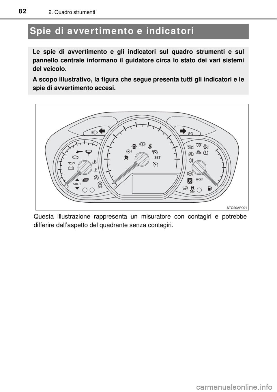 TOYOTA YARIS 2015  Manuale duso (in Italian) 822. Quadro strumenti
Spie di avver timento e indicatori
Questa illustrazione rappresenta un misuratore con contagiri e potrebbe
differire dall’aspetto del quadrante senza contagiri.
Le spie di avve