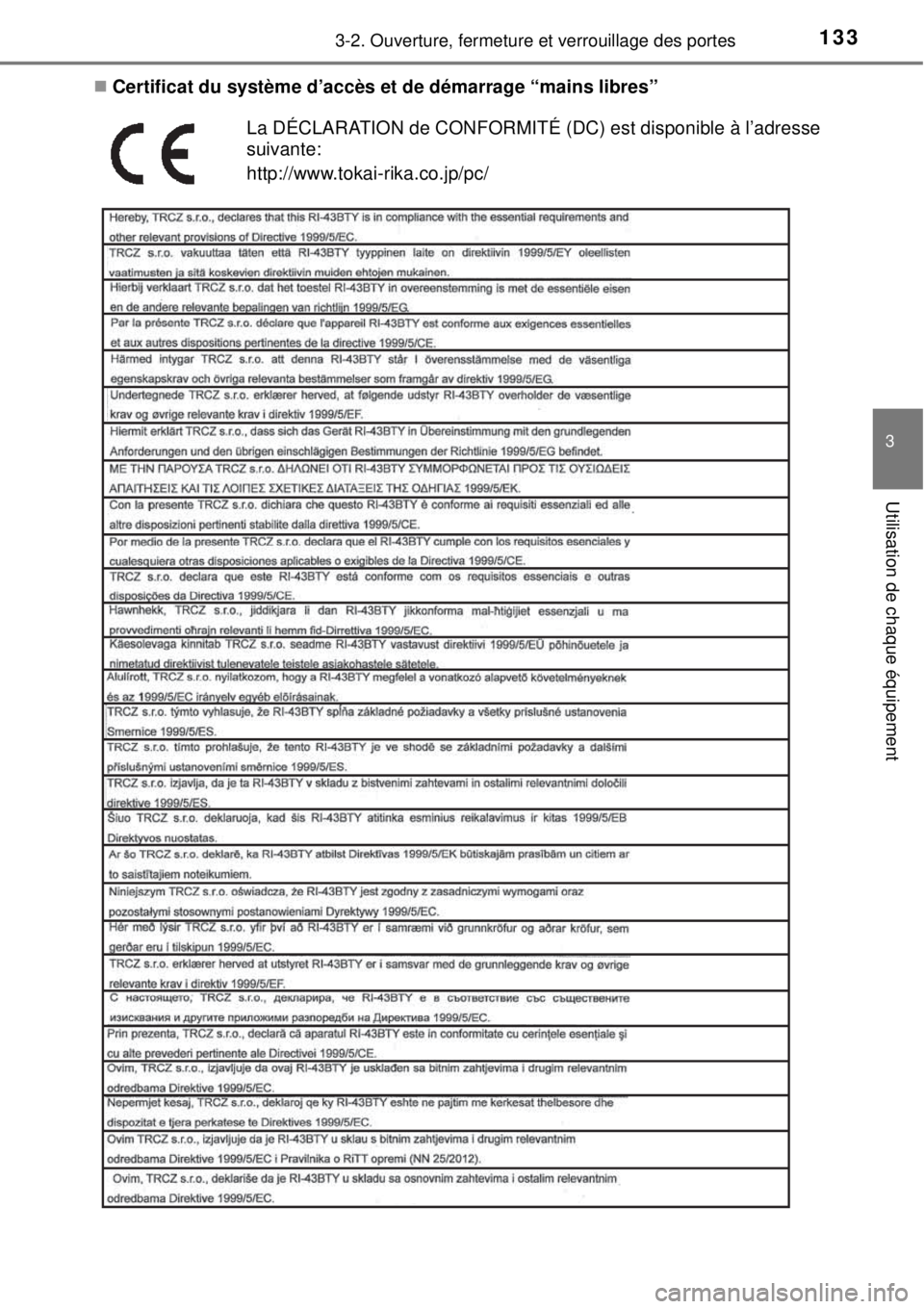 TOYOTA YARIS 2015  Notices Demploi (in French) 1333-2. Ouverture, fermeture et verrouillage des portes
3
Utilisation de chaque équipement
Certificat du système d’accès et de démarrage “mains libres”
La DÉCLARATION de CONFORMITÉ (DC)