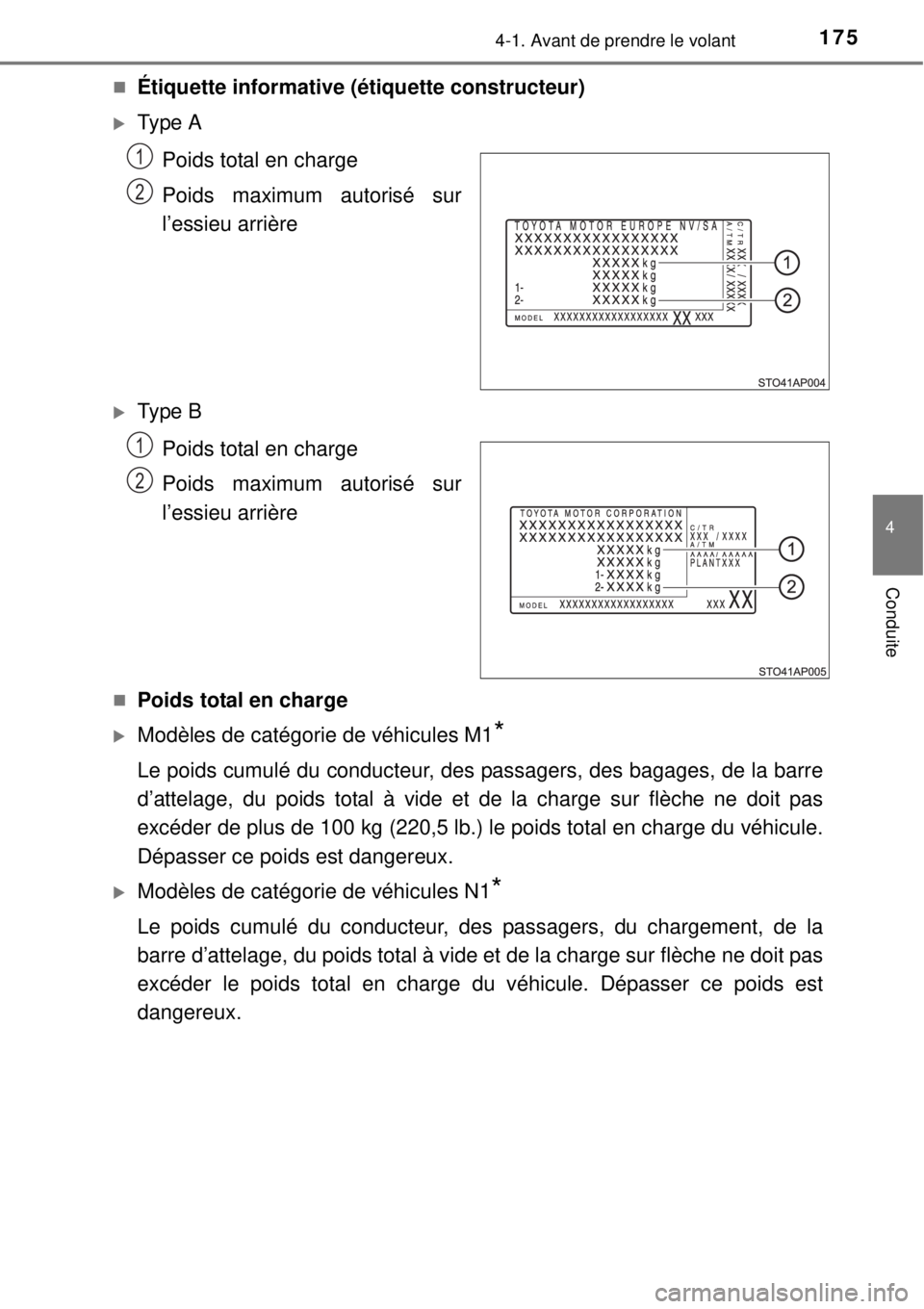 TOYOTA YARIS 2015  Notices Demploi (in French) 1754-1. Avant de prendre le volant
4
Conduite
Étiquette informative (étiquette constructeur)
Type A
Poids total en charge
Poids maximum autorisé sur
l’essieu arrière
Type B
Poids total 