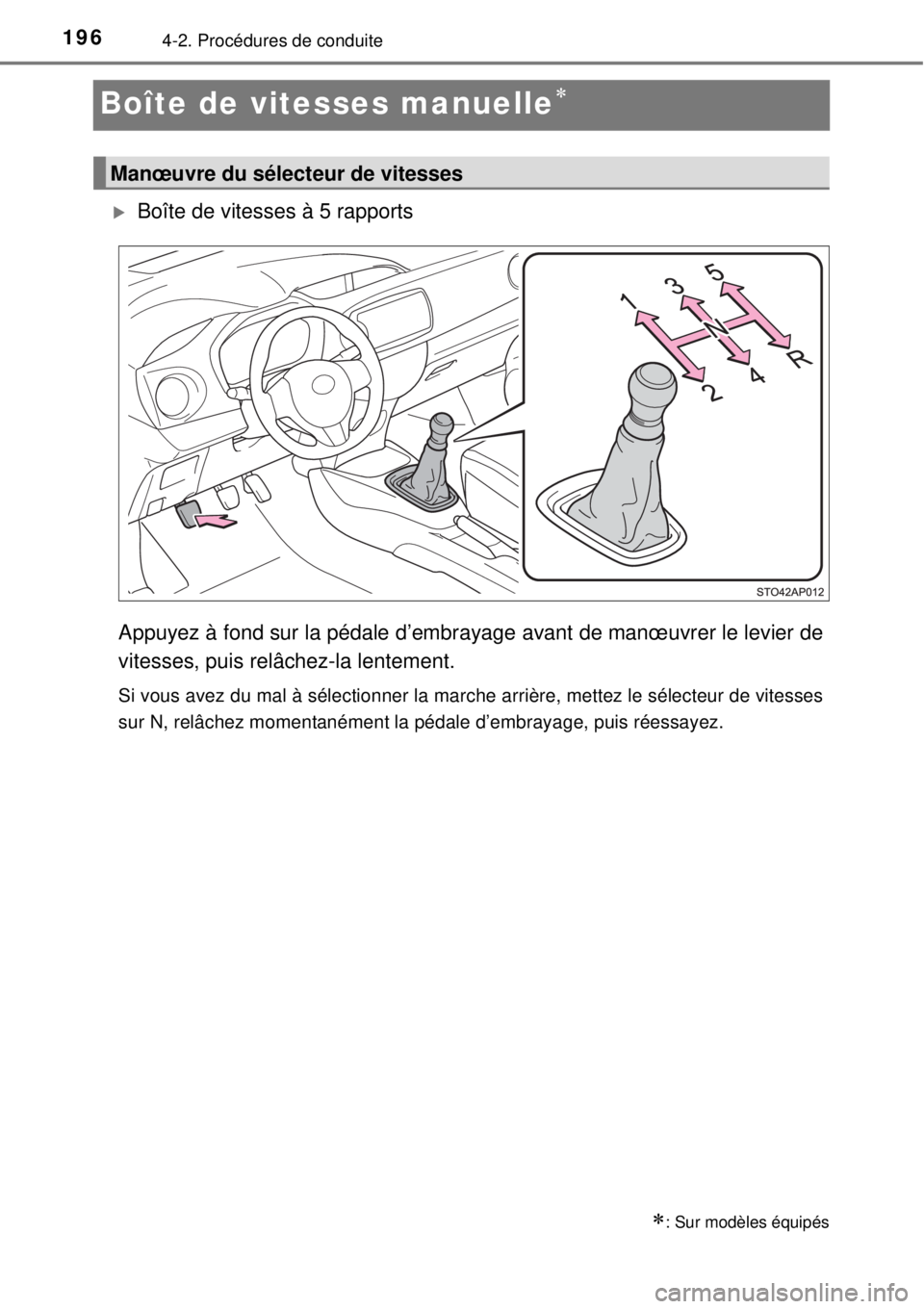TOYOTA YARIS 2015  Notices Demploi (in French) 1964-2. Procédures de conduite
Boîte de vitesses manuelle
Boîte de vitesses à 5 rapports
Appuyez à fond sur la pédale d’embrayage avant de manœuvrer le levier de
vitesses, puis relâche